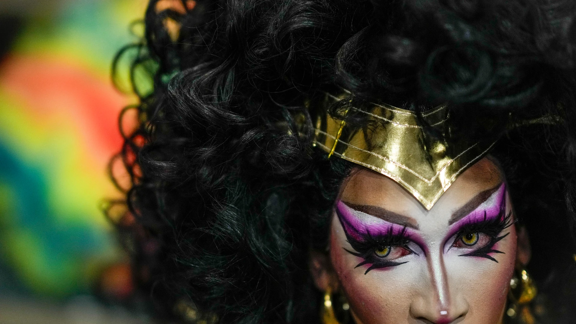 A contestant prepares for a drag queen contest, in Panama City, Friday, June 21, 2024. (AP Photo/Matias Delacroix)