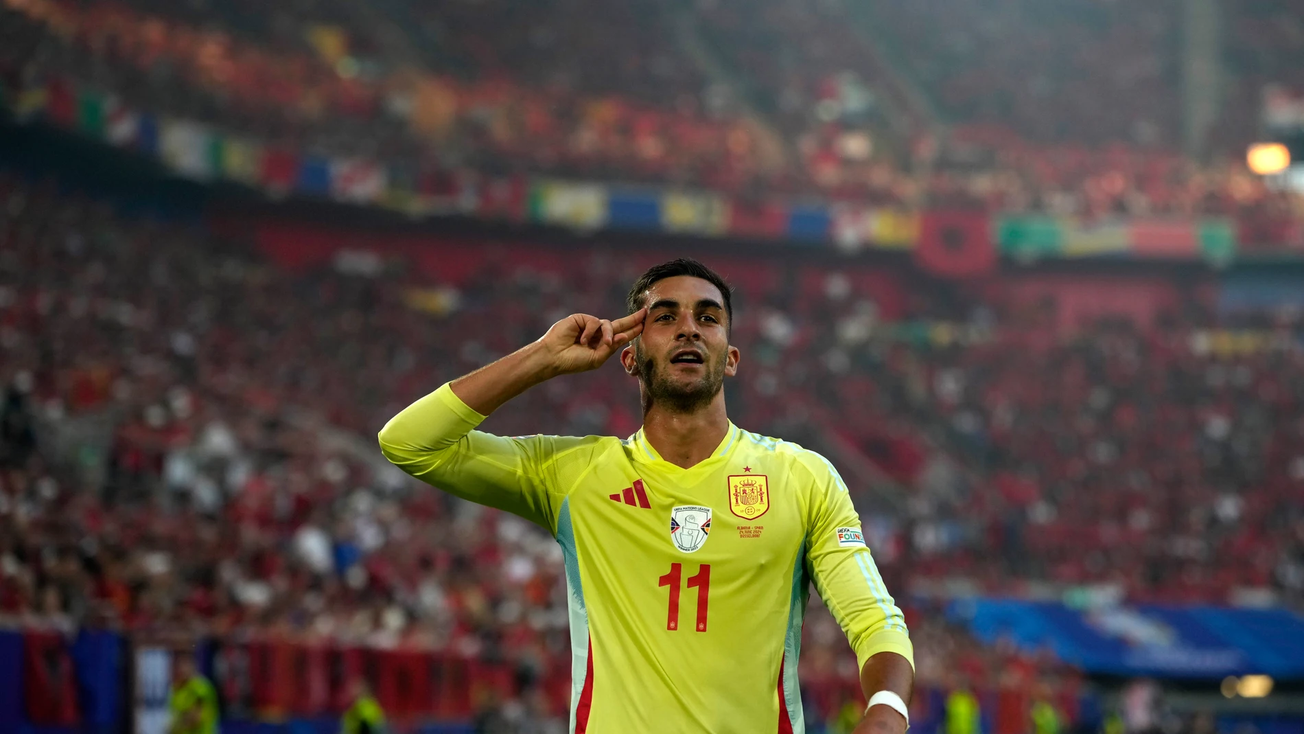 Spain's Ferran Torres celebrates after scoring his side's opening goal during a Group B match between Albania and Spain at the Euro 2024 soccer tournament in Duesseldorf, Germany, Monday, June 24, 2024. (AP Photo/Alessandra Tarantino)