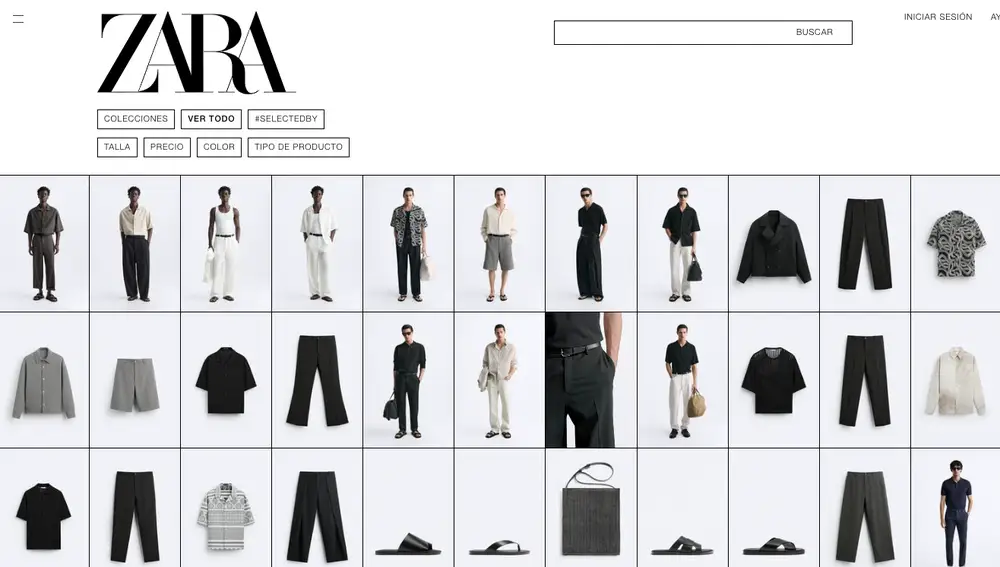 Vista de las prendas de ropa en modo cuadrícula en el sitio web de Zara