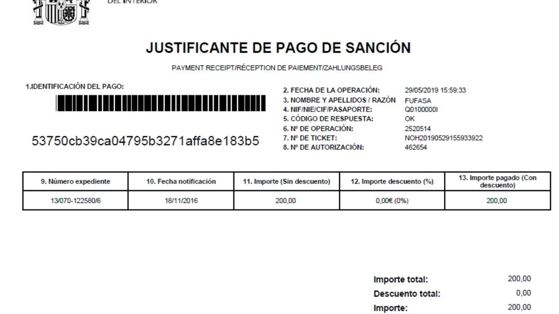 Imagen de archivo de un justificante de pago de sanción de la DGT