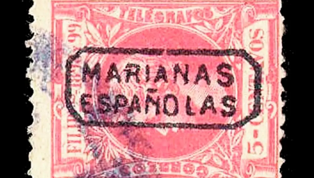 Sello de islas Marianas con la leyenda "Marianas Españolas"