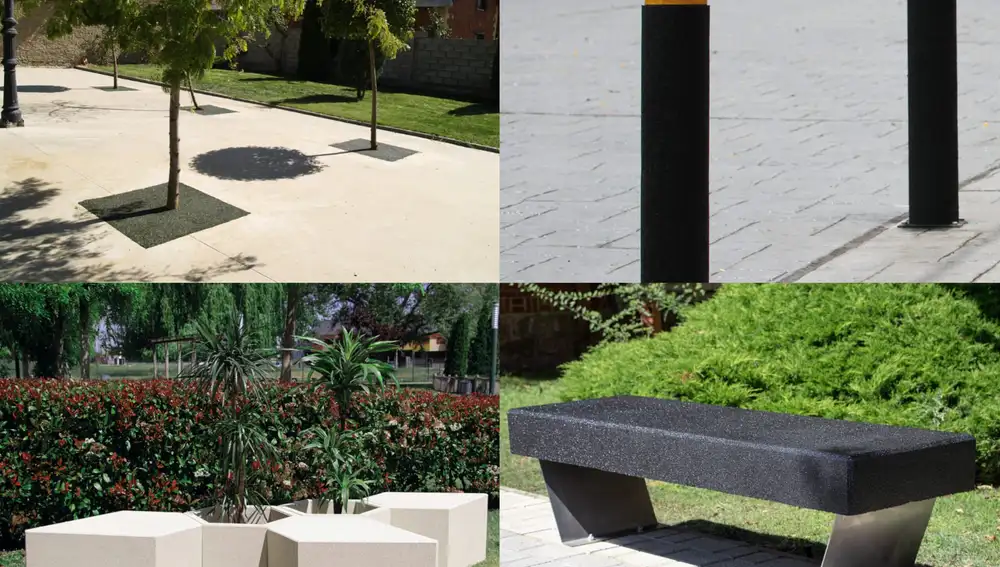 Alcorques, bolardos y jardineras son aplicaciones habituales para el caucho reciclado.