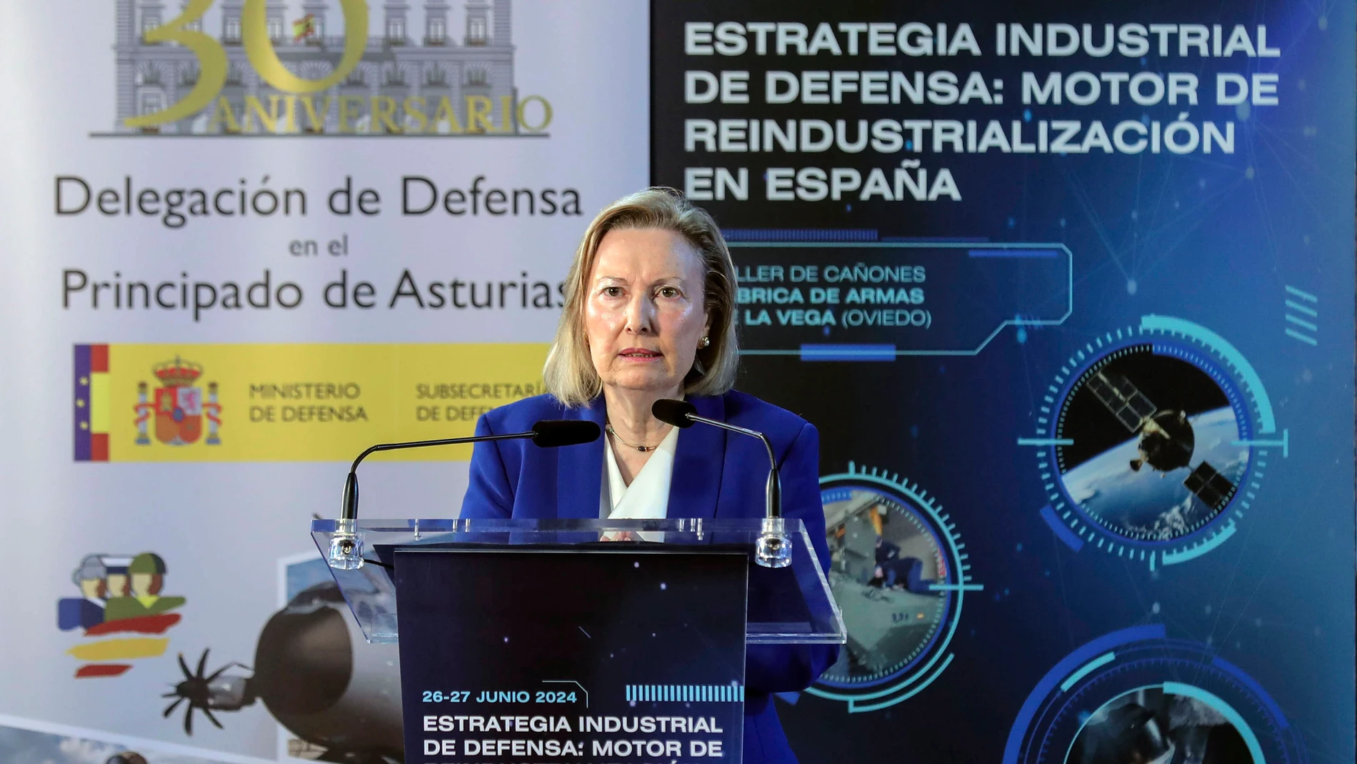 OVIEDO (ASTURIAS) 27/06/2024.- La secretaria de Estado de Defensa, María Amparo Valcarce, durante su intervención este jueves, en las jornadas sobre la industria de defensa que se celebran en el Taller de Cañones de la Fábrica de Armas de La Vega, en Oviedo. EFE/J.L.Cereijido.