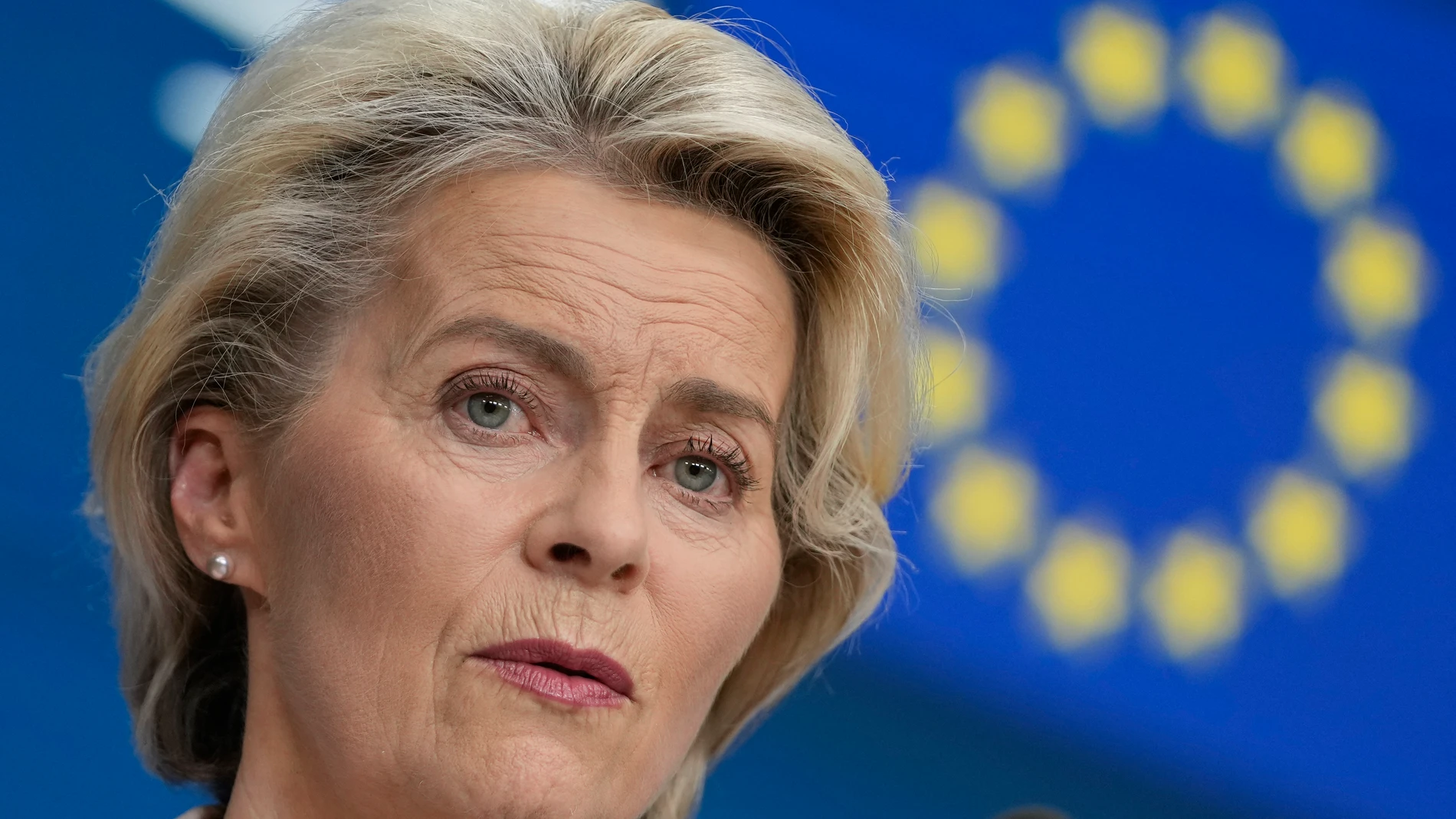 FILE - European Commission President Ursula von der Leyen addresses a media conference during an EU summit in Brussels, Oct. 27, 2023. The 65-year-old German politician has been endorsed for a second term as the head of the powerful European Commission. Her bid got a shot in the arm earlier this month as the center-right European People's Party (EPP), which includes von der Leyen's Christian Democratic Union, remained the largest group at the EU Parliament. (AP Photo/Virginia Mayo, File)