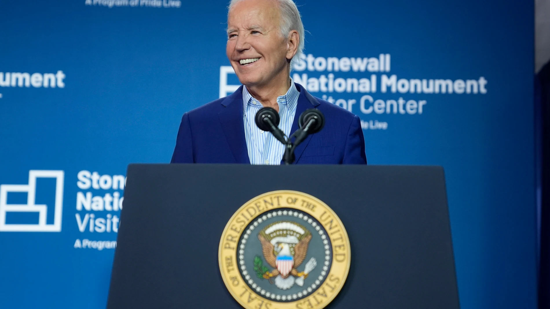 President Joe Biden speaks at the grand opening ceremony for the Stonewall National Monument Visitor Center, Friday, June 28, 2024, in New York. (AP Photo/Evan Vucci)
