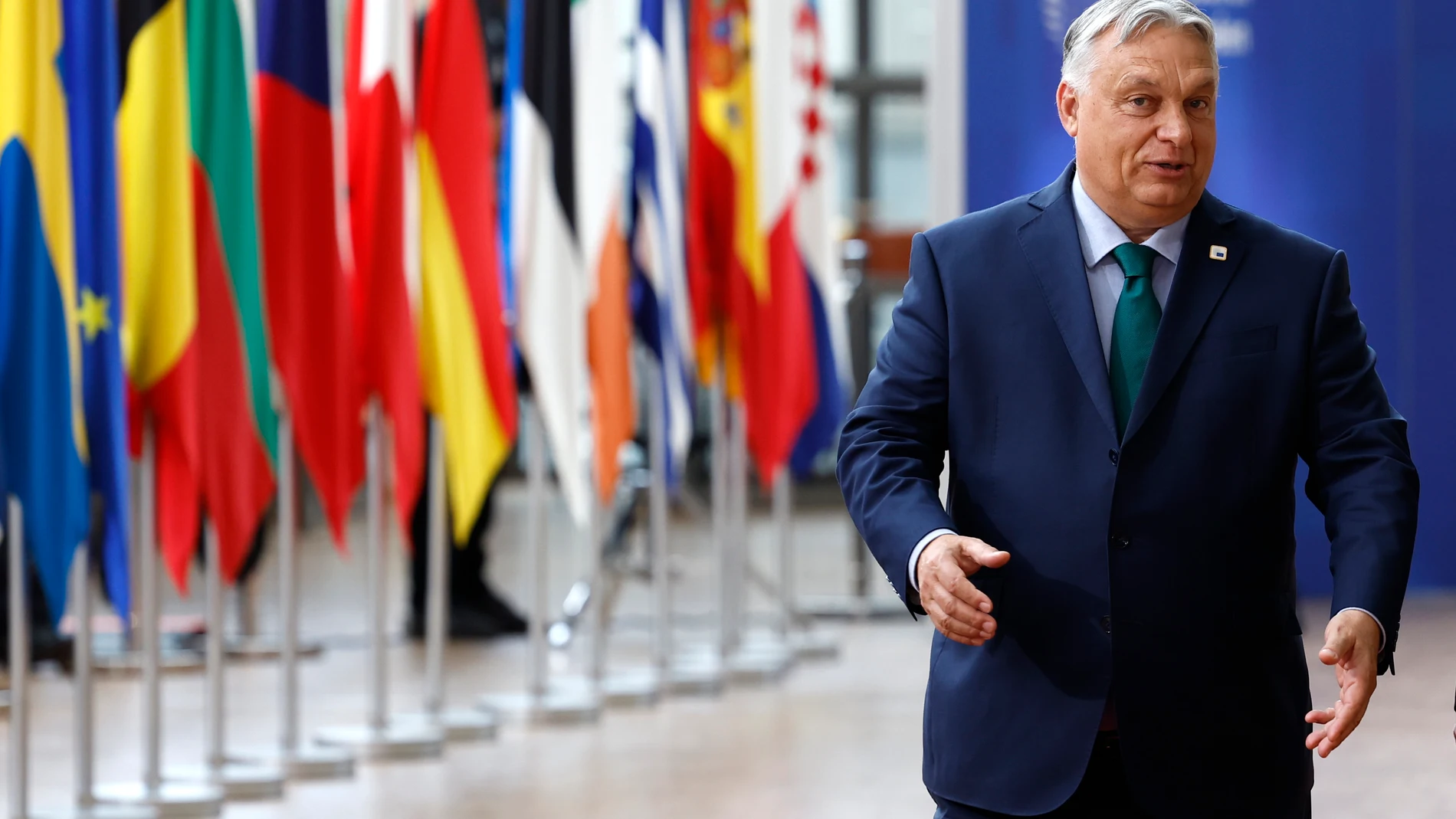 FILE - Hungary's Prime Minister Viktor Orban arrives for an EU summit in Brussels, on June 27, 2024. Orbán has presented a new alliance with Austria’s far-right Freedom Party and the main Czech opposition party, which hopes to attract other partners and become the biggest right-wing group in the European Parliament. Orbán traveled to Vienna Sunday, June 30, 2024, to present the “Patriots for Europe” alliance of his Fidesz party with the Freedom Party and former Czech Prime Minister Andrej Bab...