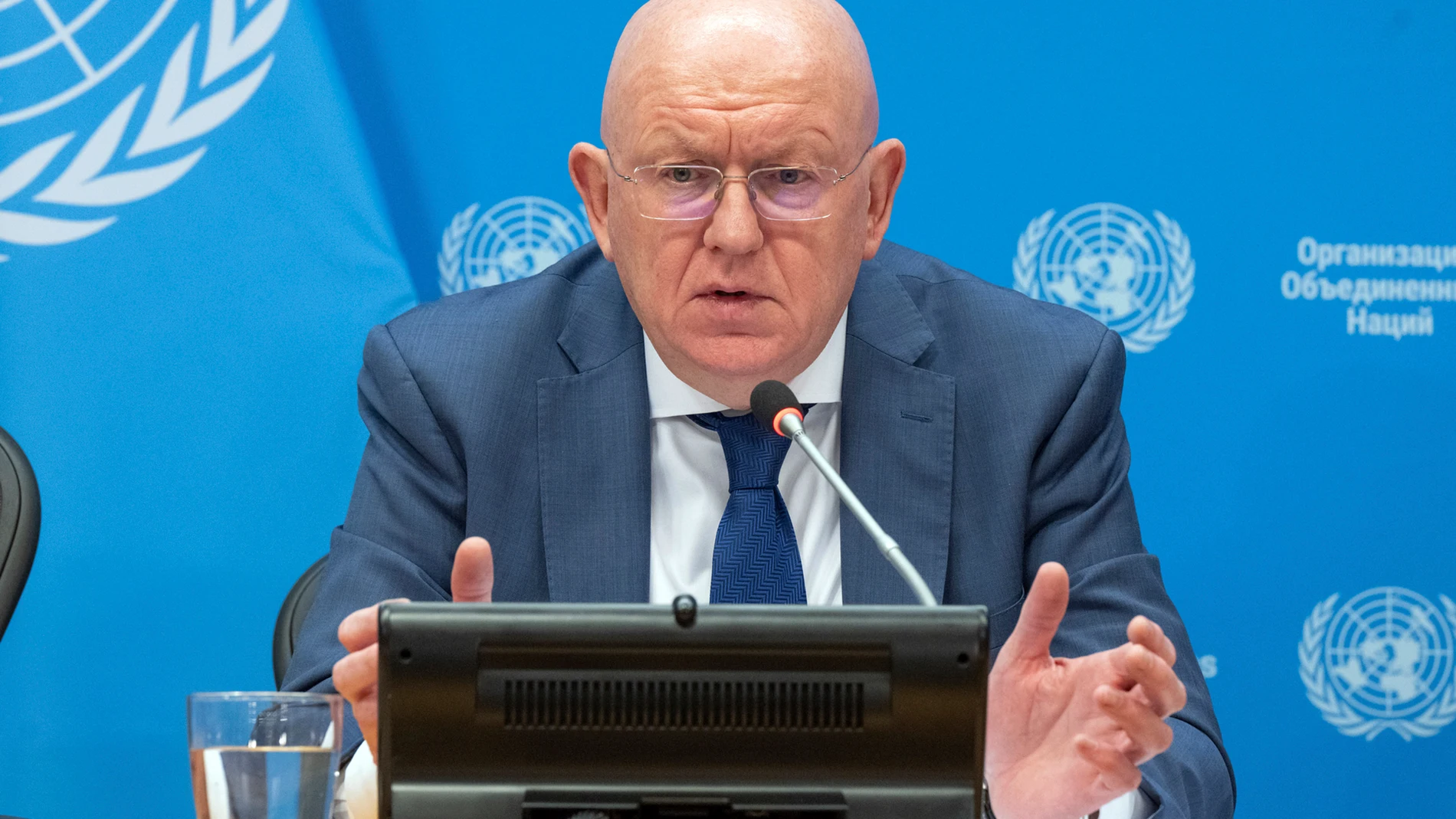 In this photo provided by the United Nations, Ambassador Vassily Nebenzia, Permanent Representative of the Russian Federation, and President of the Security Council for the month of July, briefs reporters on the program of work of the Security Council, at the United Nations, Monday, July 1, 2024. (Eskinder Debebe/UN Photo via AP)