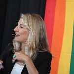 La vicepresidenta segunda y ministra de Trabajo y Economía Social Yolanda Díaz, interviene en la inauguración del I Encuentro 'Diversidad LGTBIQ+ en el entorno laboral', organizado por la Federación Estatal de Lesbianas, Gais, Trans, Bisexuales, Intersexuales y más (FELGTBI+), este lunes en Madrid.
