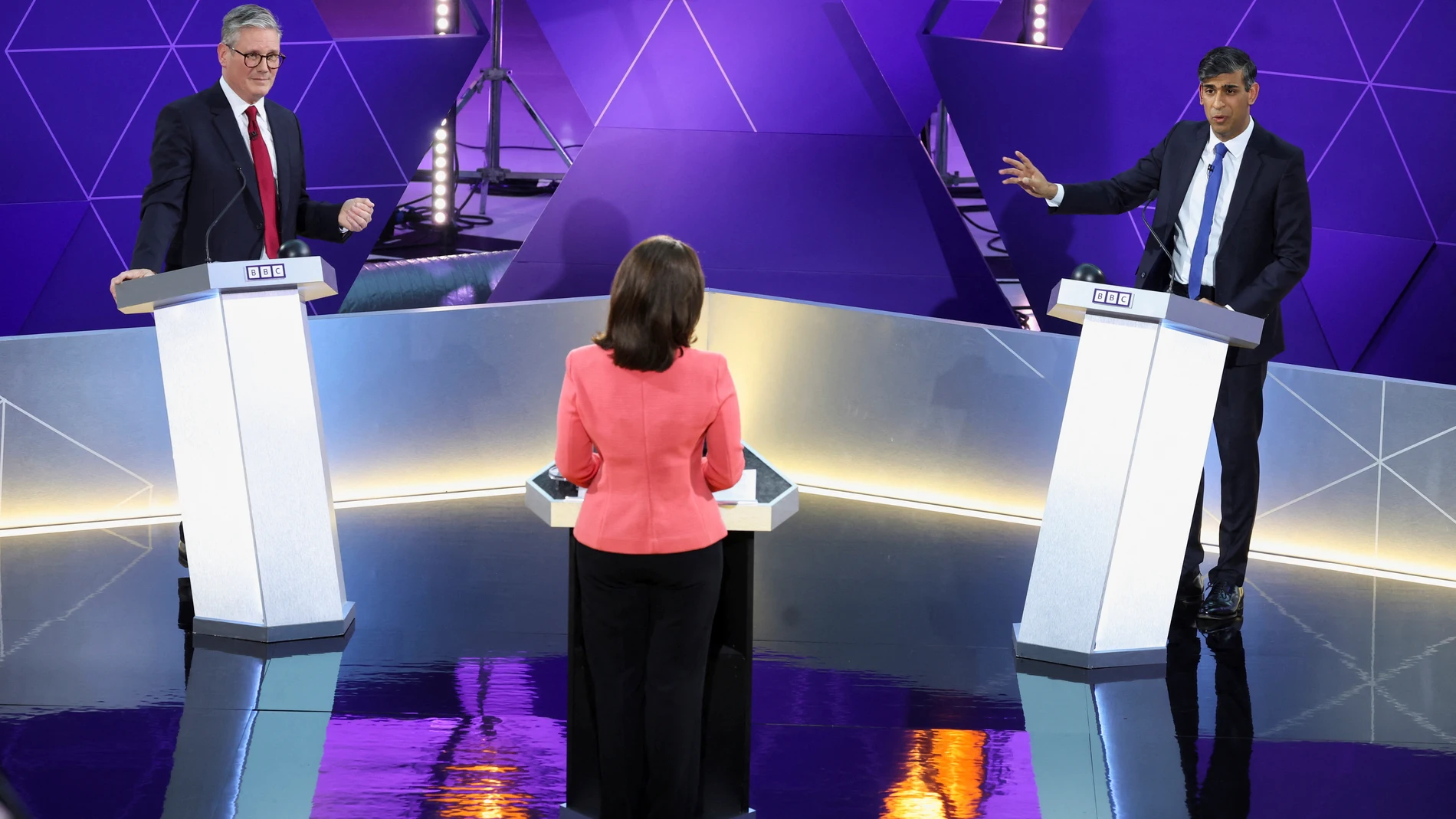 FILE - British Prime Minister Rishi Sunak and opposition Labour Party leader Keir Starmer, left, take part in a BBC debate, in Nottingham, England, Wednesday June 26, 2024. U.K. voters are set to cast ballots in a national election on July 4, passing judgment on 14 years of Conservative rule. They are widely expected to do something they have not done since 2005 — elect a Labour Party government. (Phil Noble/Pool via AP, File)