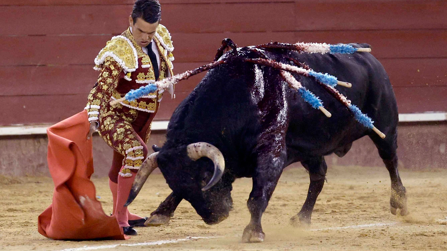 València, 20/07/2024.- El torero José María Manzanares en su faena durante la corrida de toros de la Feria de Julio con toros de Victoriano del Río y El Pilar, celebrada este sábado en la plaza de toros de Valencia. EFE/Kai Försterling