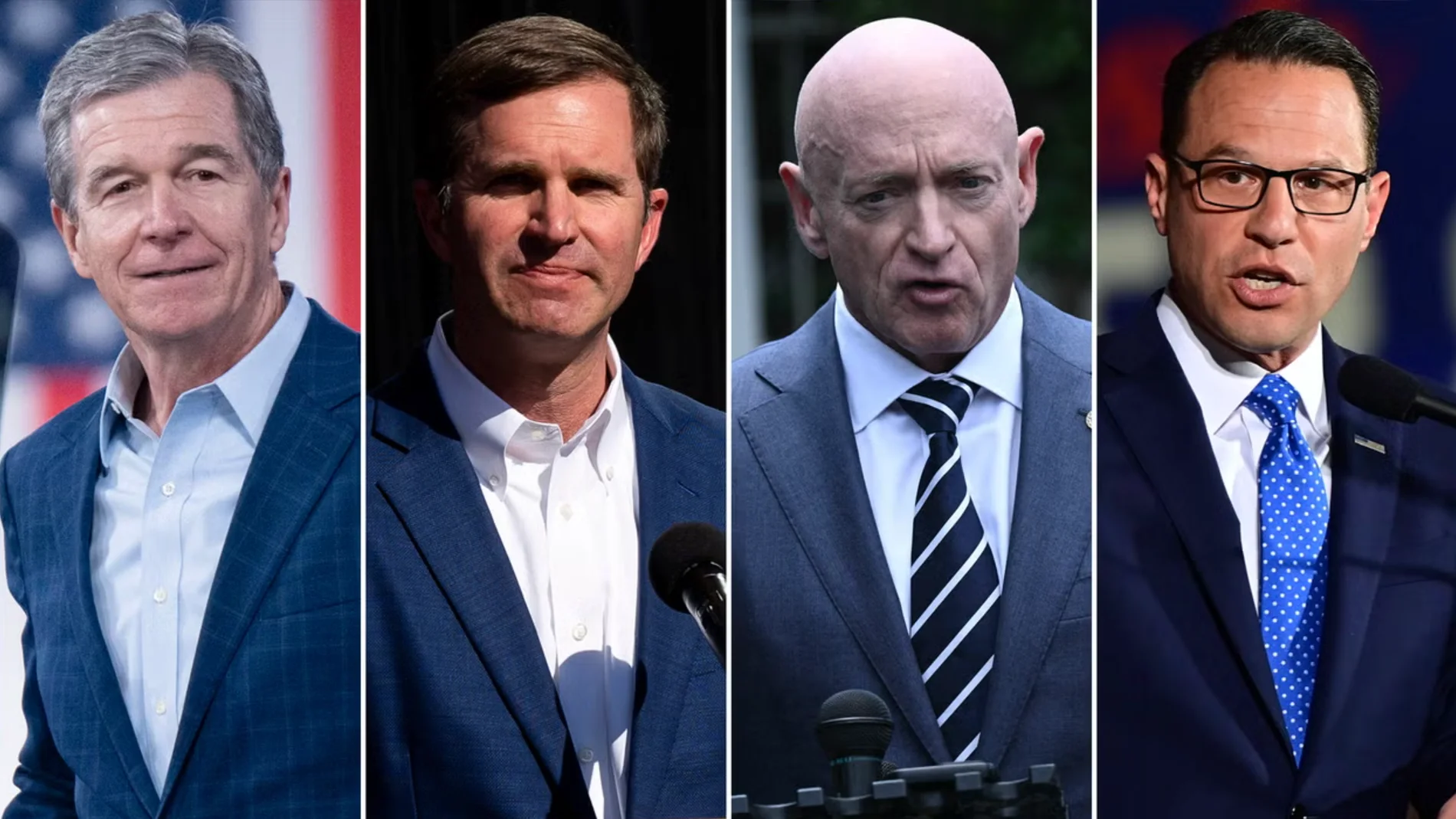 De izquierda a derecha: el gobernador de Carolina del Norte, Roy Cooper, el gobernador de Kentucky, Andy Beshear, el senador de Arizona, Mark Kelly, y el gobernador de Pensilvania, Josh Shapiro