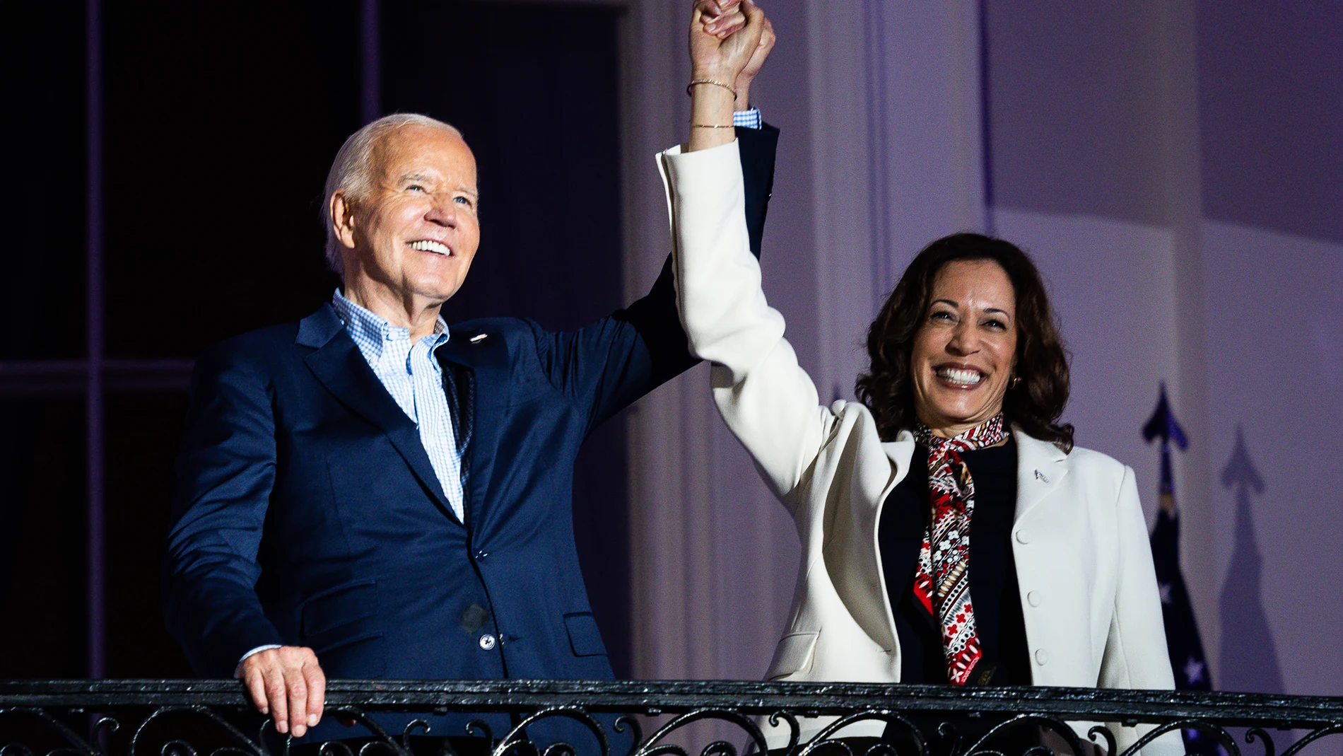 July 4, 2024, Washington, District Of Columbia, USA: United States President Joe Biden, left, and US Vice President Kamala Harris on the Truman Balcony of the White House in Washington. Biden's reelection campaign limped into the US Independence Day holiday, exhausted by a week of the incumbent clawing to maintain his hold on his party's nomination 04/07/2024
