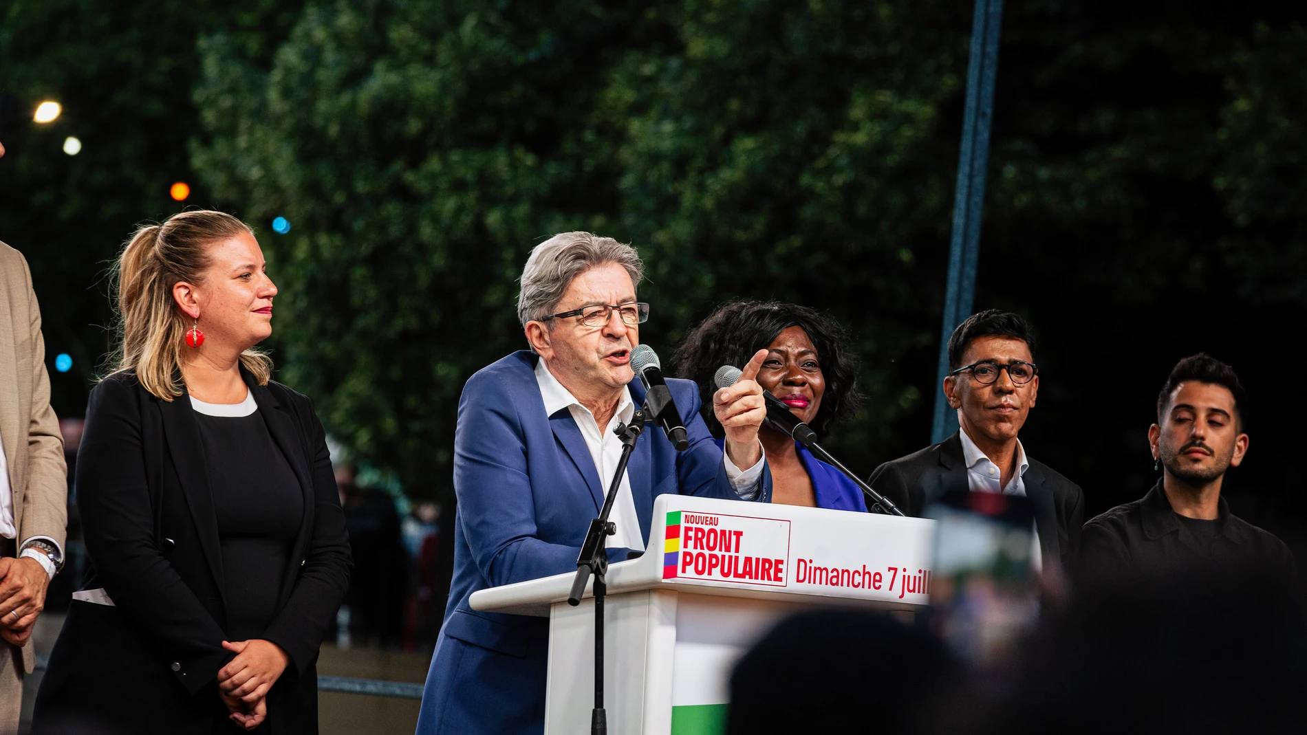 July 7, 2024, Paris, France: Jean-Luc Melenchon speaks to the audience at Place de Stalingrad, after the French legislative elections results. After losing the first round of the French legislative elections, the left-wing Nouveau Front Populaire coalition won the second round. Thousands of people took to the streets and celebrated in Place Stalingrad, outside the headquarters of La France Insoumise, with speeches from several of the party's personalities. Another highlight of the celebration...