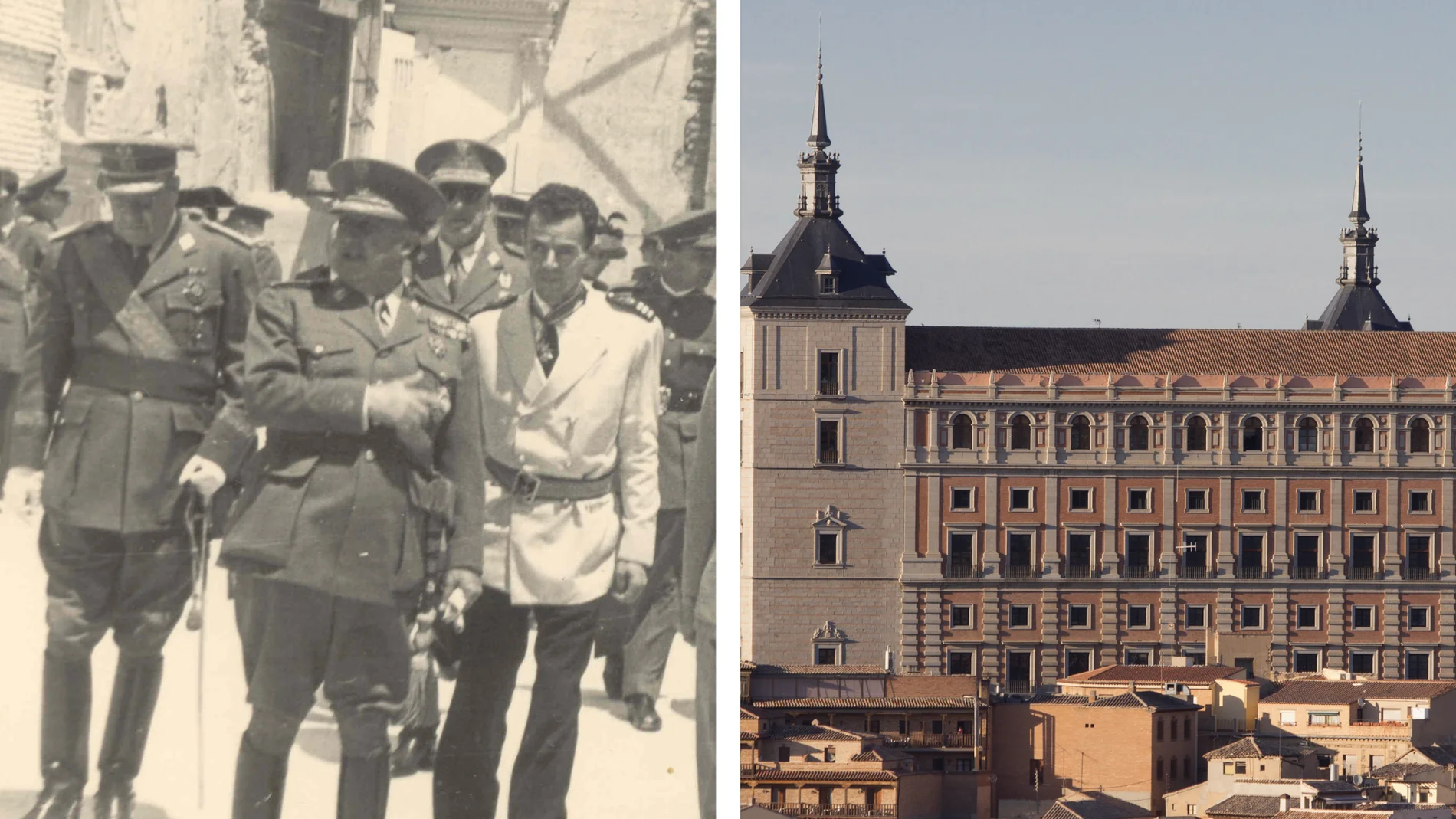 Francisco Franco y el general Moscardó en su visita a las ruinas del Alcázar de Toledo en el año 1954