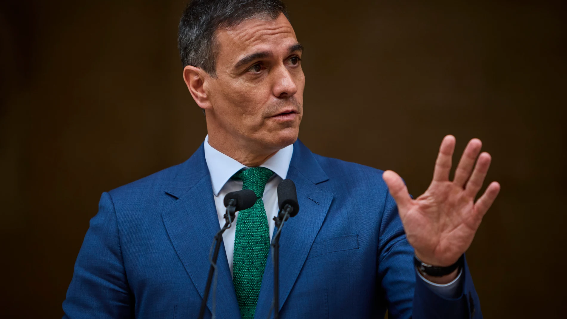 Rueda de prensa del Presidente del Gobierno, Pedro Sánchez, posterior al encuentro veraniego con el rey Felipe VI, este martes en el Palacio de la Almudaina, en Palma de Mallorca © Alberto R. Roldán / Diario La Razón. 30 07 2024