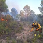 La brigada presencial de BRIF A-LUBIA trabaja en flanco izquierdo del incendio forestal en Valverdejo (Cuenca)