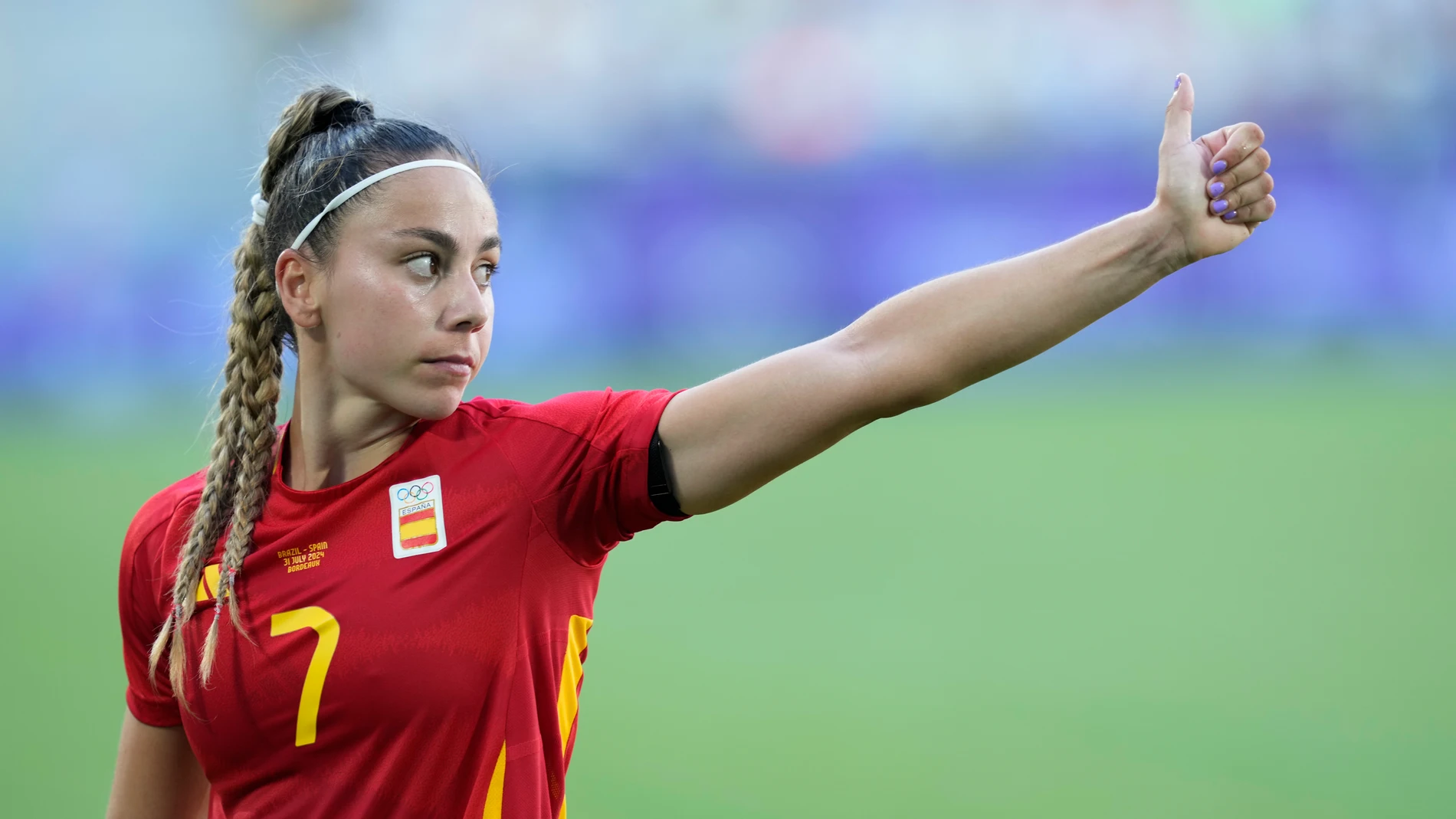 Spain's Athenea Del Castillo reacts during a women's Group C soccer match between Brazil and Spain, at Bordeaux Stadium, during the 2024 Summer Olympics, Wednesday, July 31, 2024, in Bordeaux, France. (AP Photo/Moises Castillo)