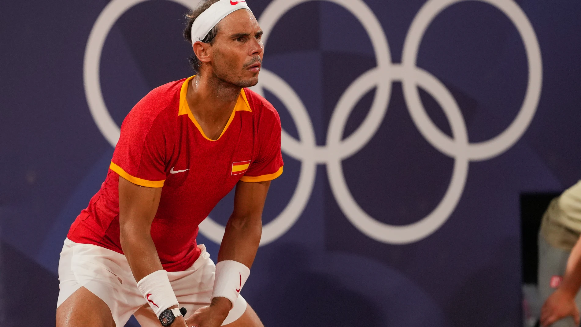 Rafael Nadal of Spain gestures during his match with Carlos Alcaraz of Spain against Austin Krajicek of USA and Rajeev Ram of USA during the men's doubles quarter-final tennis match on Court Philippe-Chatrier at the Roland-Garros Stadium during the Paris 2024 Olympic Games, in Paris on July 31, 2024. AFP7 31/07/2024 ONLY FOR USE IN SPAIN