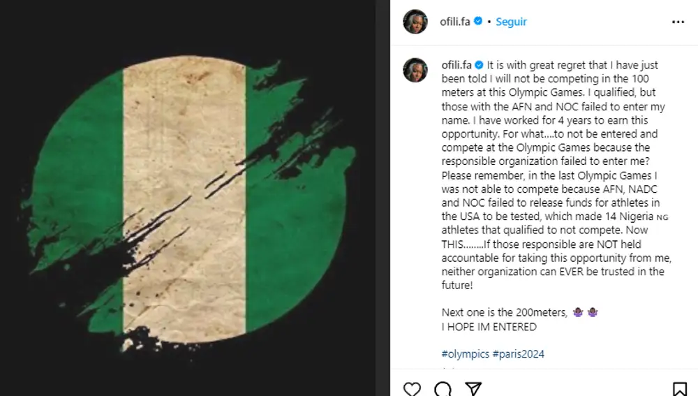 La joven velocista nigeriana de 21 años, Favour Ofili, no podrá competir en los 100 metros lisos en los Juegos Olímpicos de París