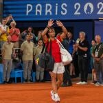 Rafael Nadal of Spain greeting the fans after loosing his match with Carlos Alcaraz of Spain against Austin Krajicek of USA and Rajeev Ram of USA during the men's doubles quarter-final tennis match on Court Philippe-Chatrier at the Roland-Garros Stadium during the Paris 2024 Olympic Games, in Paris on July 31, 2024.