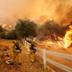 Bomberos de Stockton, California, apagaron las llamas en Hidden Valley Rd. mientras combatían un incendio forestal el viernes 3 de mayo de 2013 en Hidden Valley, California.