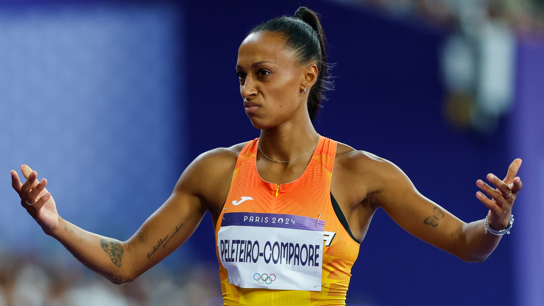 Ana Peleteiro-Compaore of Spain gestures during the Women's Triple Jump Final of the Athletics at Stade de France during the Paris 2024 Olympics Games on August 3, 2024 in Paris, France. AFP7 03/08/2024 ONLY FOR USE IN SPAIN
