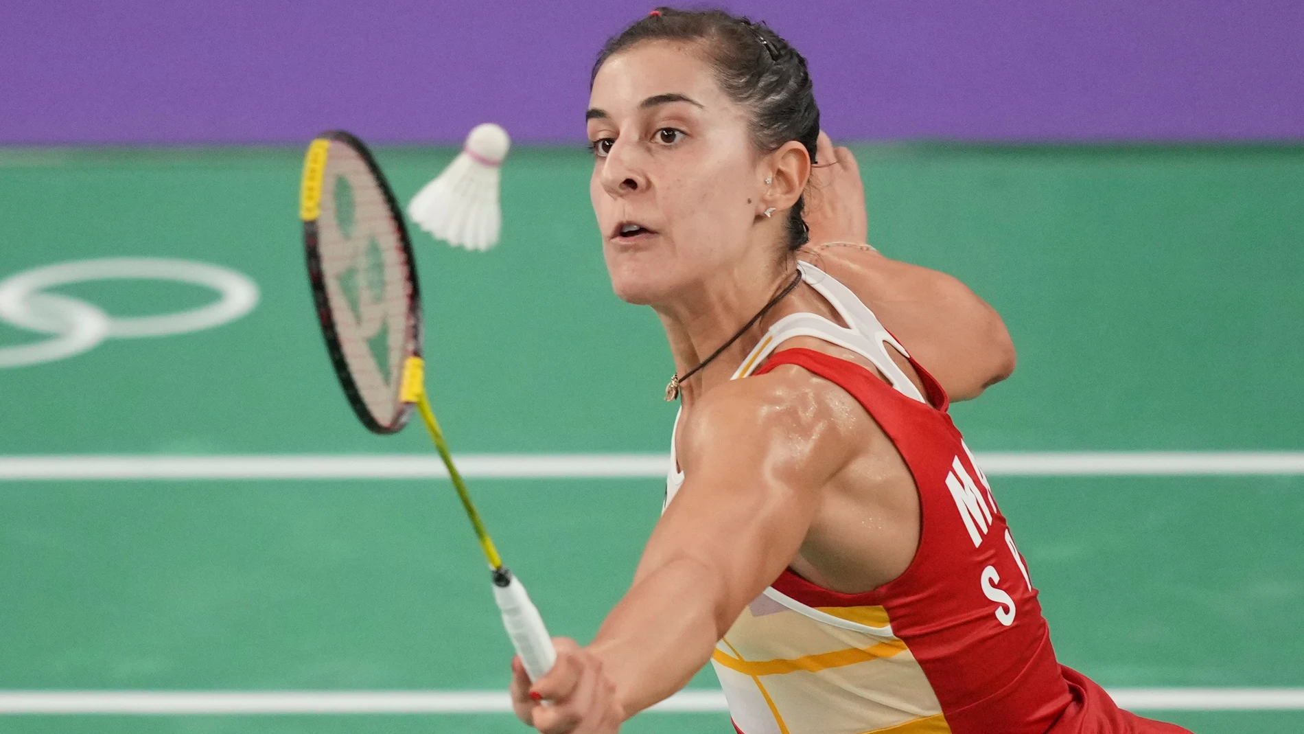 Spain's Carolina Marin plays against Japan's Aya Ohori during their women's singles badminton quarterfinal match at the 2024 Summer Olympics, Saturday, Aug. 3, 2024, in Paris, France. (AP Photo/Dita Alangkara)