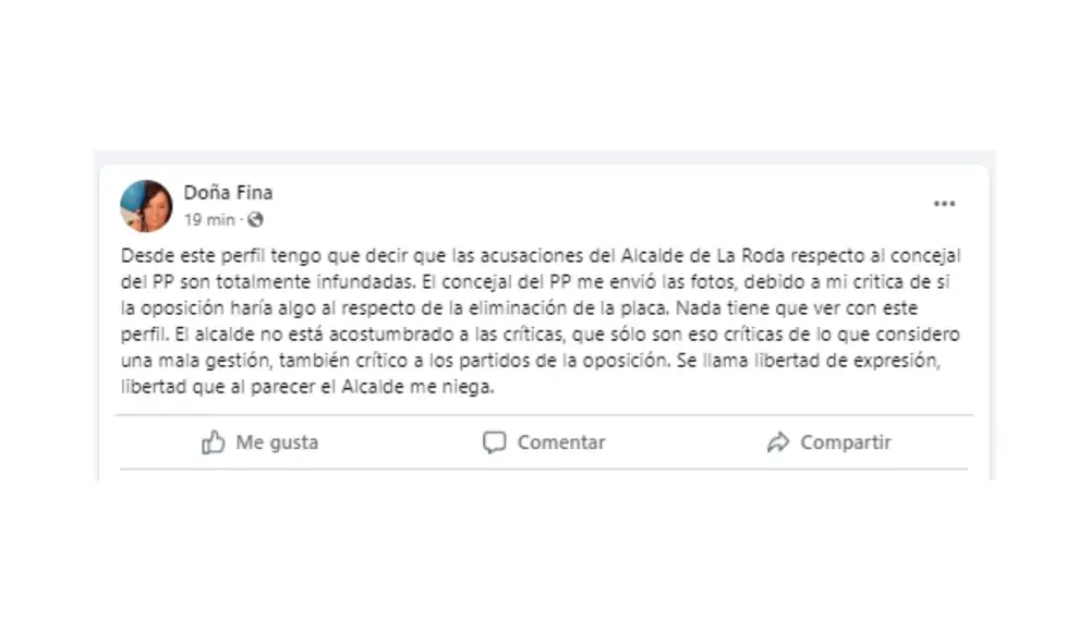 Publicación de 'Doña Fina' respondiendo a la polémica