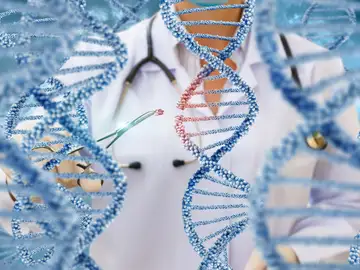 Un médico comprueba las moléculas de ADN sobre un fondo azul. Un médico comprueba las moléculas de ADN sobre un fondo azul.