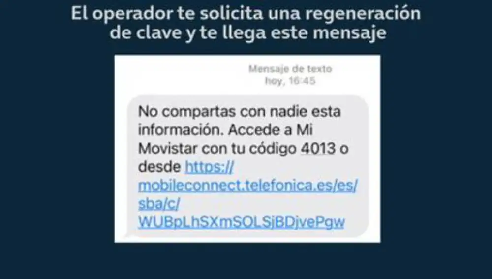Ejemplo de SMS con la clave que buscan los estafadores.