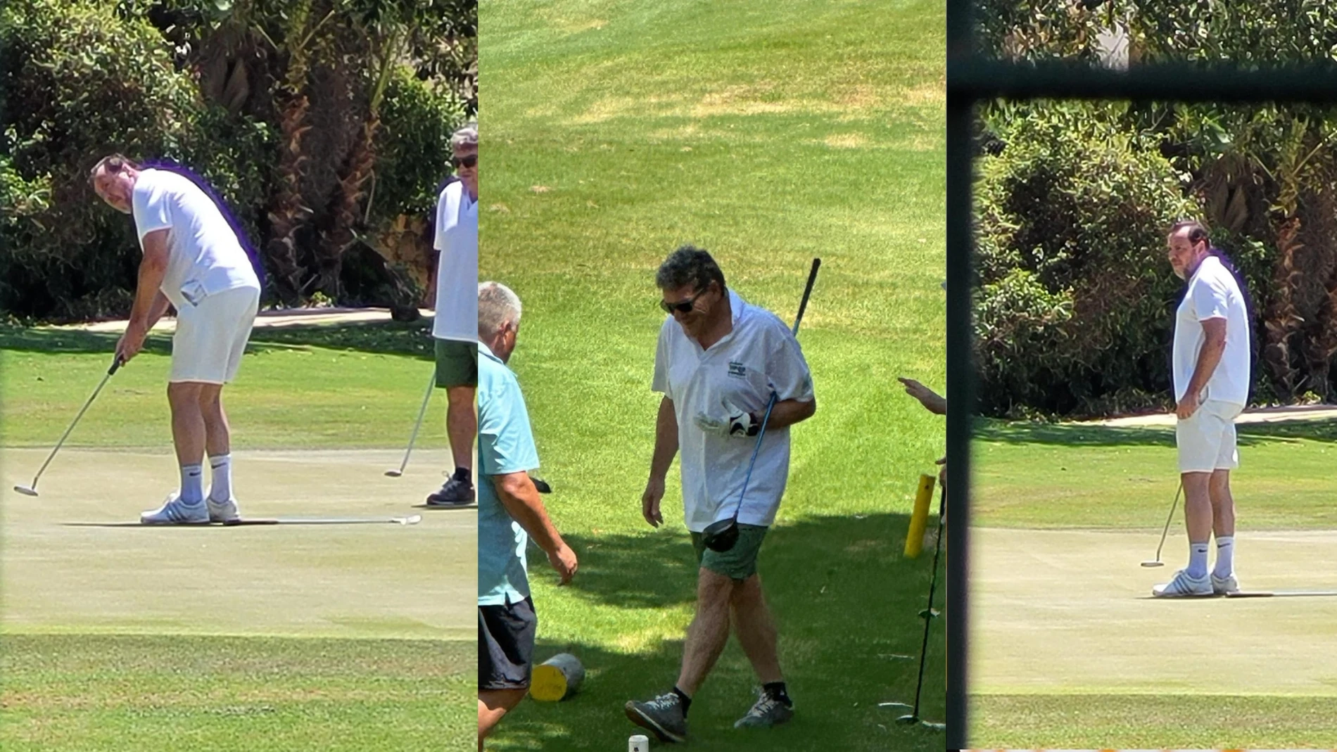 El ministro socialista de Transportes, Óscar Puente, y el de Transformación Digital, José Luis Escrivá, en distintos momento de su mañana de golf en San Juan (Alicante)