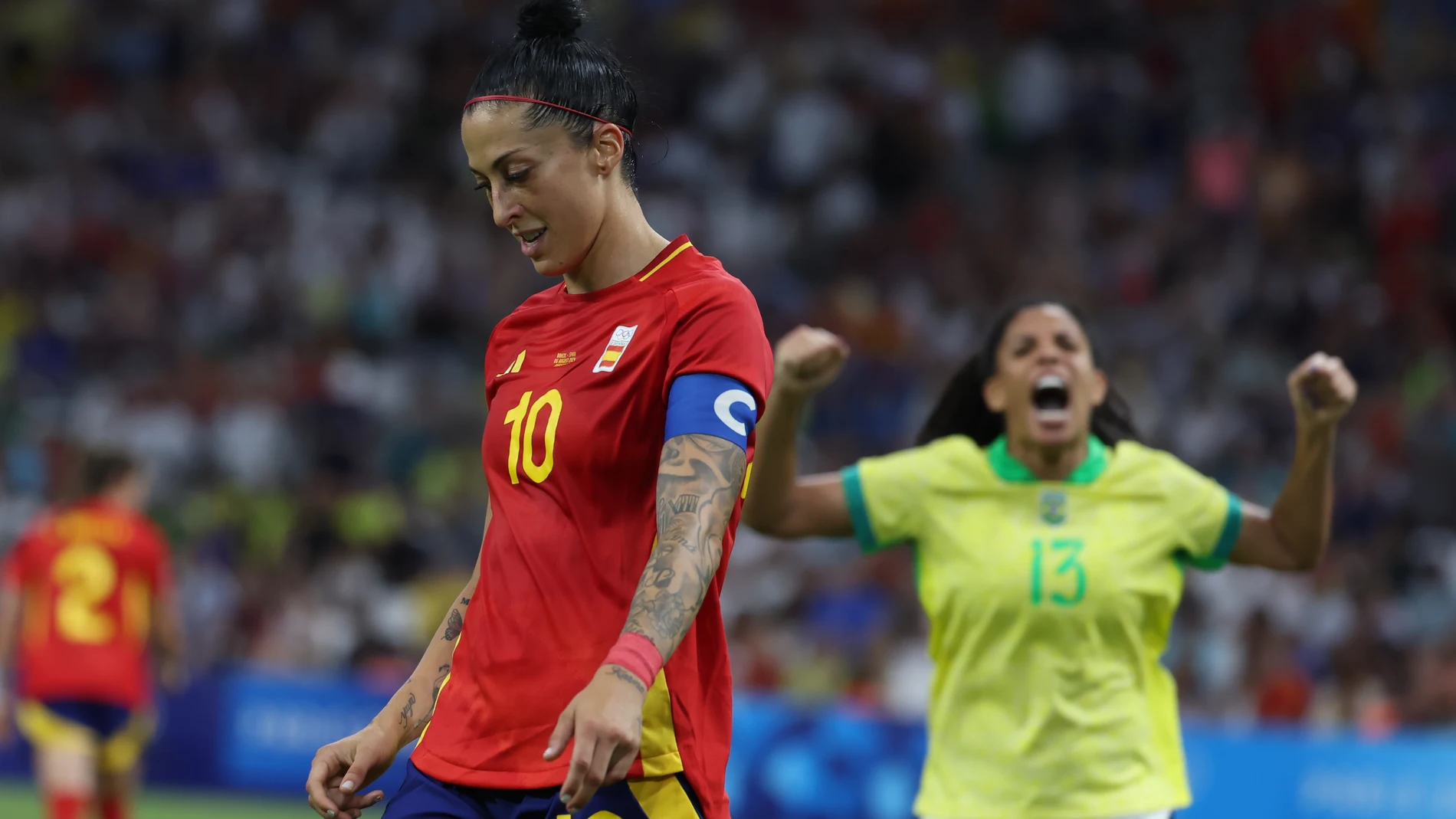 MARSELLA, 06/08/2024.- La jugadora de España Jennifer Hermoso durante la semifinal femenina de Fútbol, entre Brasil y España en el marco de los Juegos Olímpicos París 2024, este martes, en Marsella, Francia. EFE/Kiko Huesca
