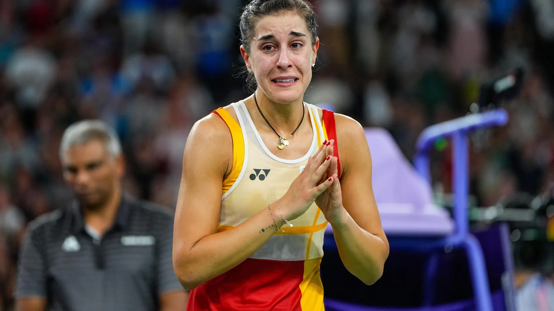 Carolina Marín, instantes después de sufrir la lesión en semifinales