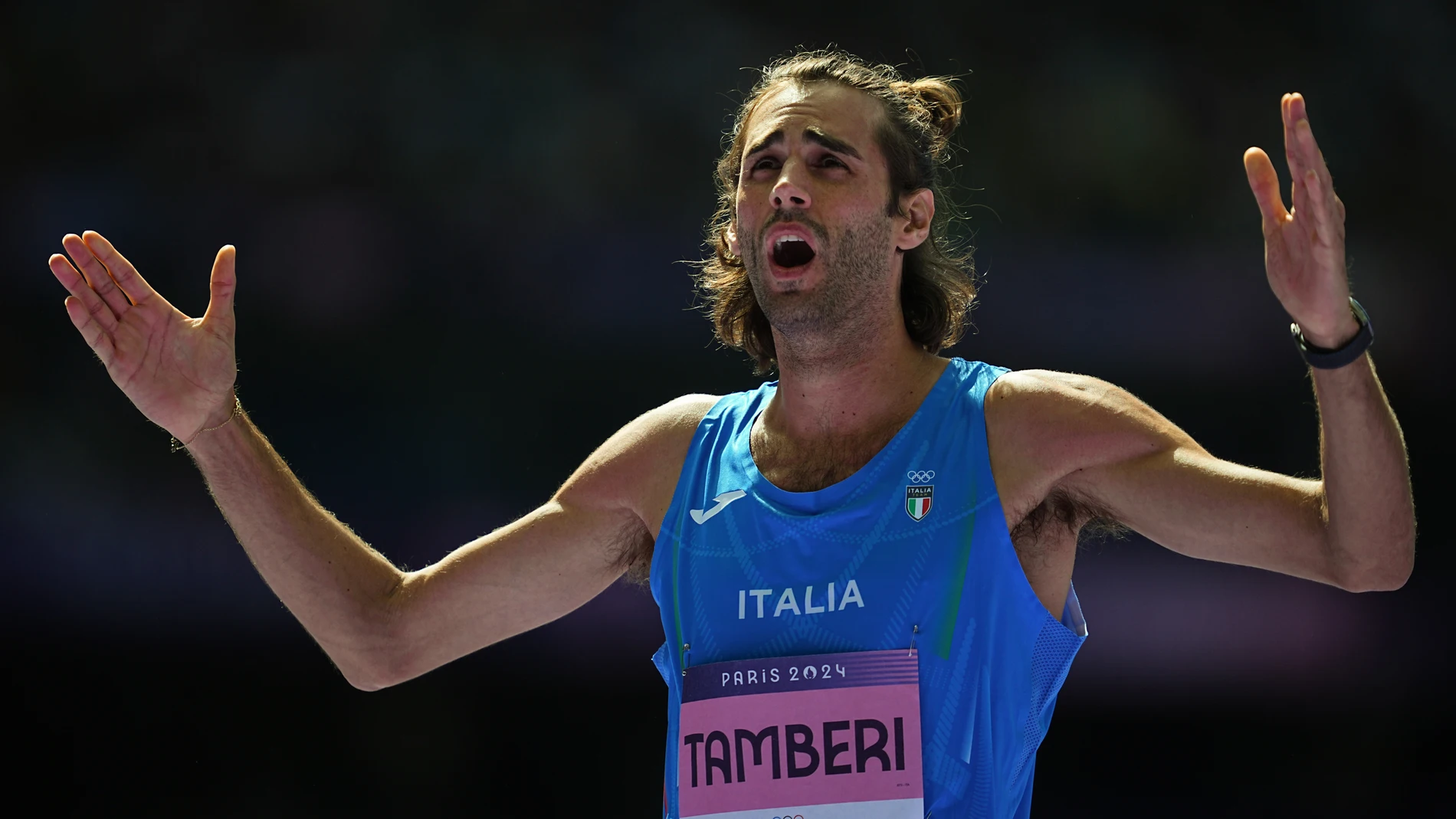 08 July 2024, France, Saint-Denis: Italy's Gianmarco Tamberi gestures after his high jump in the Men's High Jump Qualification on day twelve of the Olympic Games Paris 2024 at Stade de France Photo: Michael Kappeler/dpa 08/07/2024 ONLY FOR USE IN SPAIN