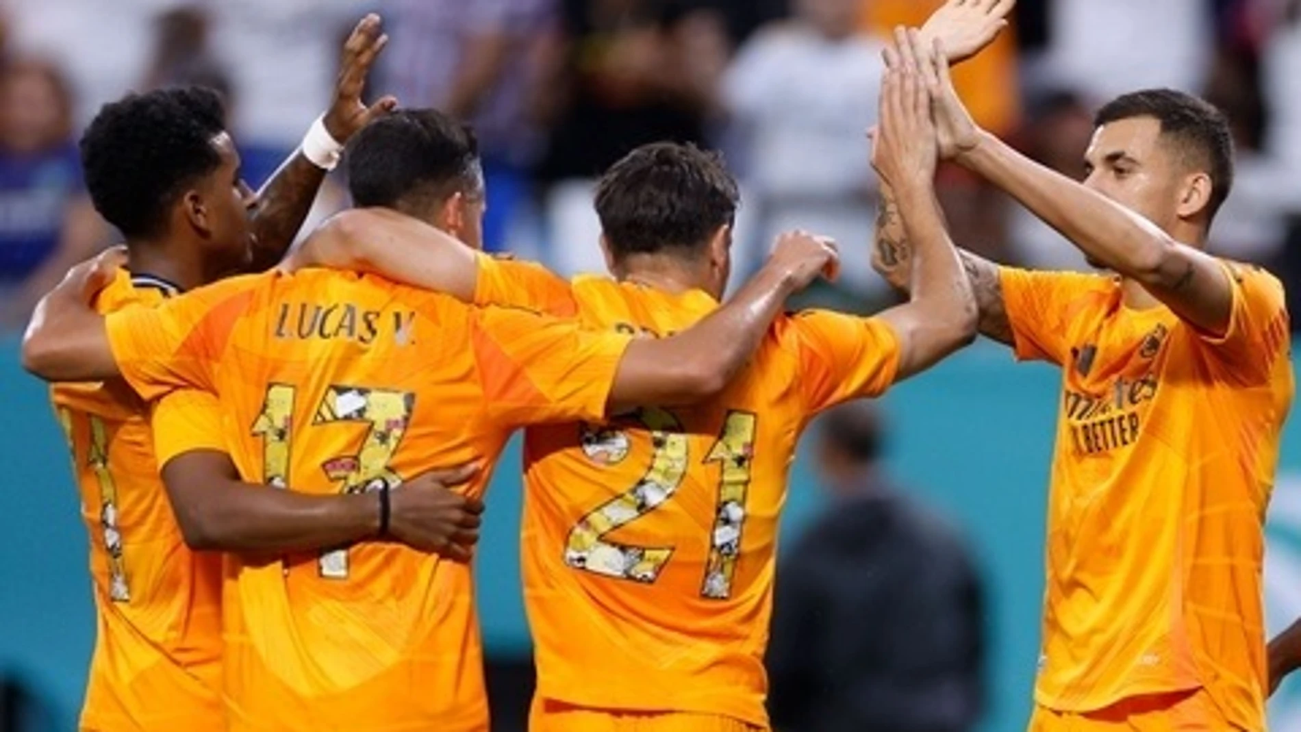 Los jugadores del Real Madrid celebran uno de sus goles ante el Chelsea REAL MADRID 07/08/2024