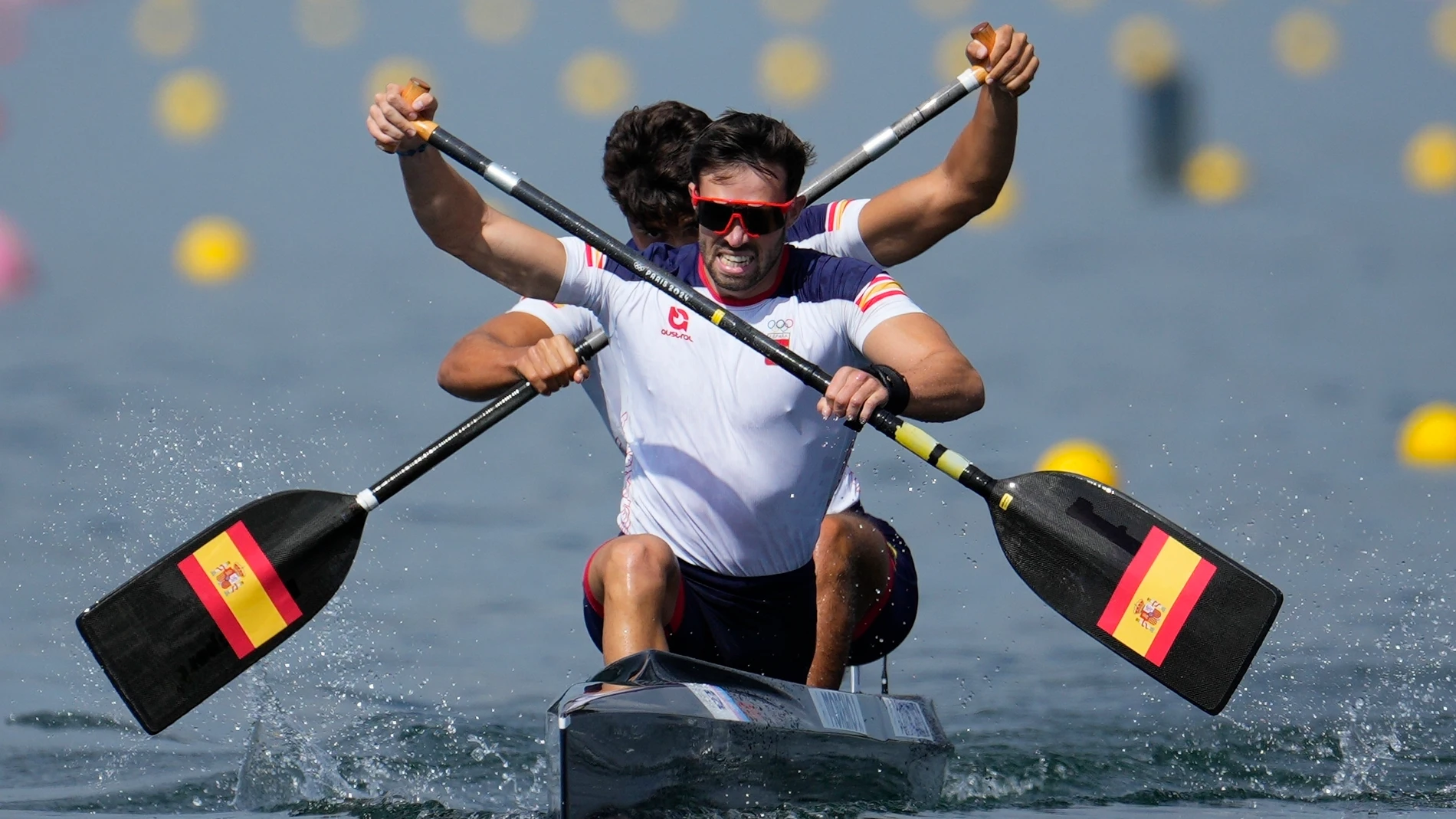 Spain's Diego Dominguez and Joan Antoni Moreno compete in the men's canoe double 500-meter semifinals at the 2024 Summer Olympics, Thursday, Aug. 8, 2024, in Vaires-sur-Marne, France. (AP Photo/Ebrahim Noroozi)