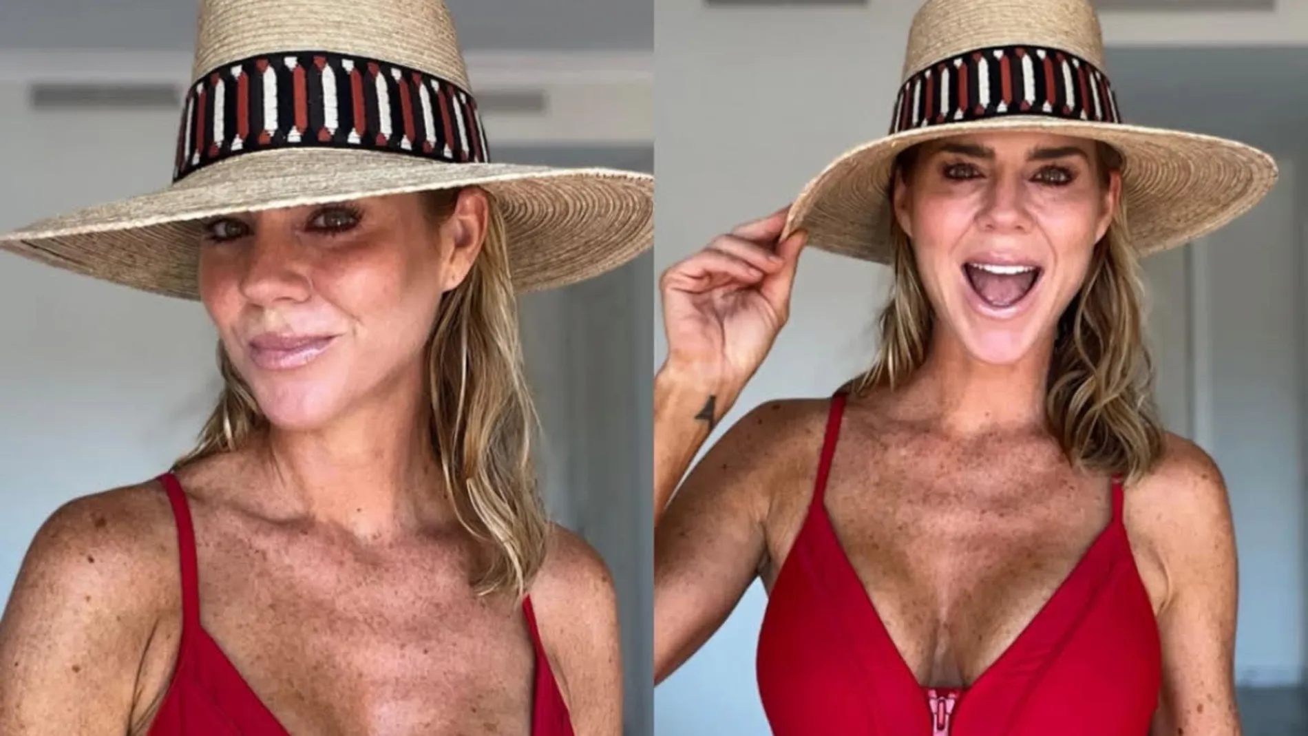Amelia Bono con bañador rojo.