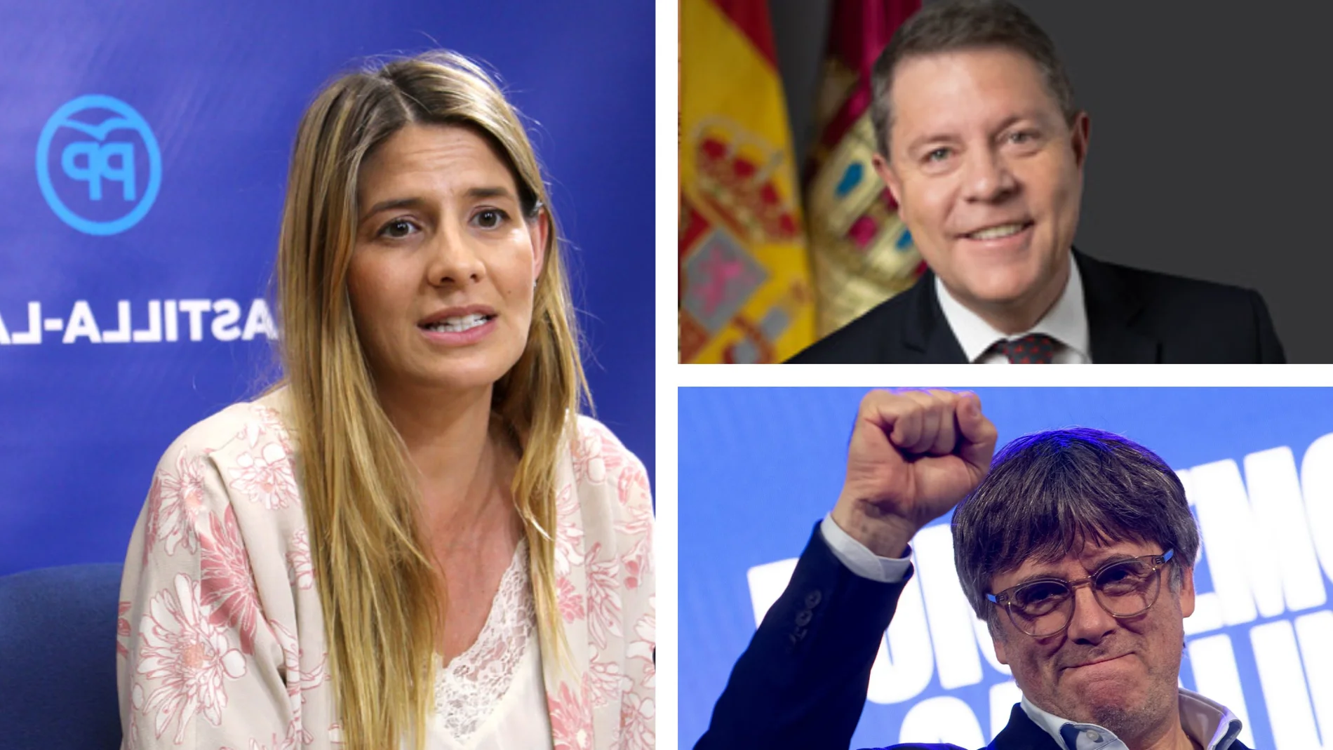Izquierda-La secretaria general del PP de C-LM, Carolina Agudo. Derecha - el presidente de Castilla-La Mancha, Emiliano García-Page y el expresidente del Parlamento de Cataluña, Carles Puigdemont