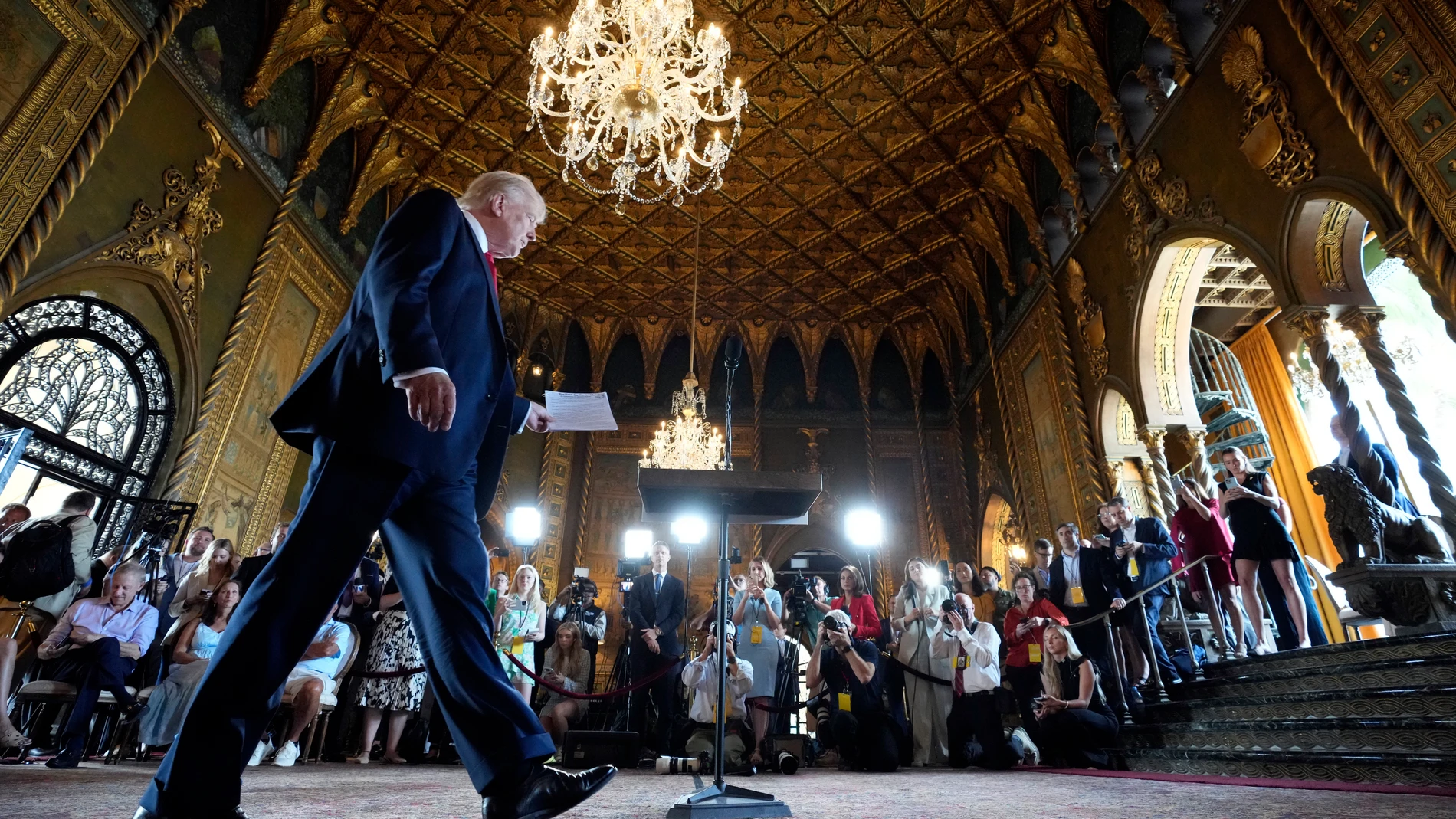 Republican presidential nominee former President Donald Trump arrives for a news conference at his Mar-a-Lago estate Thursday, Aug. 8, 2024, in Palm Beach, Fla. (AP Photo/Alex Brandon)