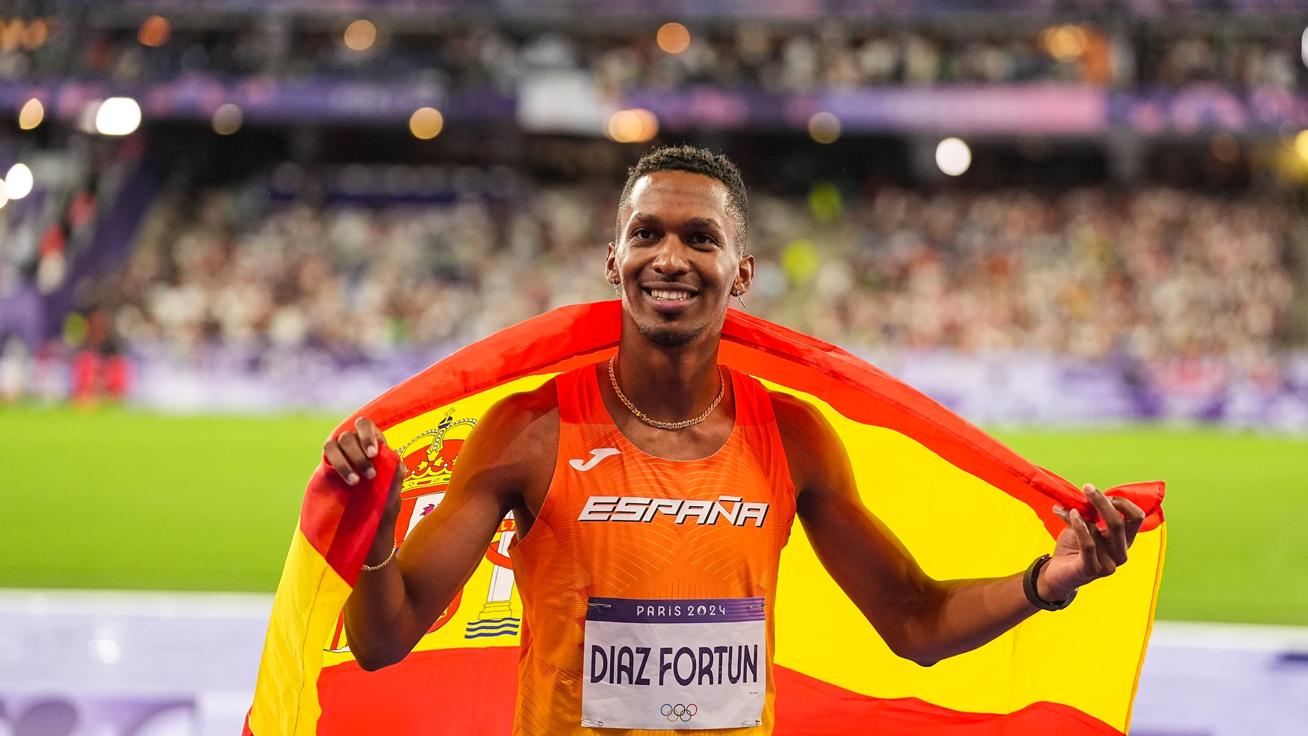 Jordan Alejandro Diaz Fortun of Spain celebrate the gold medal during Men's Triple Jump Final of the Athletics on Stade de France during the Paris 2024 Olympics Games on August 9, 2024 in Paris, France. AFP7 09/08/2024 ONLY FOR USE IN SPAIN