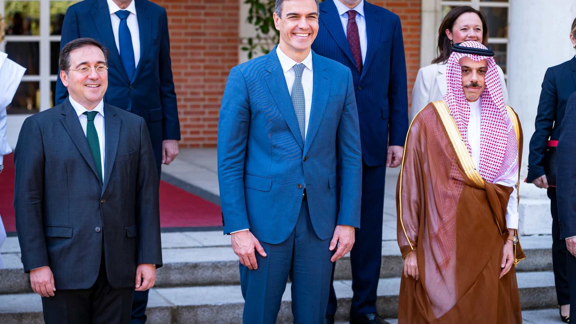 May 29, 2024, Madrid, Madrid, Spain: Jose Manuel Albares (L), Spanish minister of External Affairs, Spanish Prime Minister Pedro Sanchez (C) and Prince Faisal bin Farhan Al Saud (R), Minister of Foreign Affairs of Saudi Arabia, seen during the meeting with a group of ministers from Arab countries at the official headquarters of the Spanish government at Palacio de la Moncloa in Madrid; The themes of the meeting organized by the Spanish prime minister, alongside the current conflict in Gaza, w...