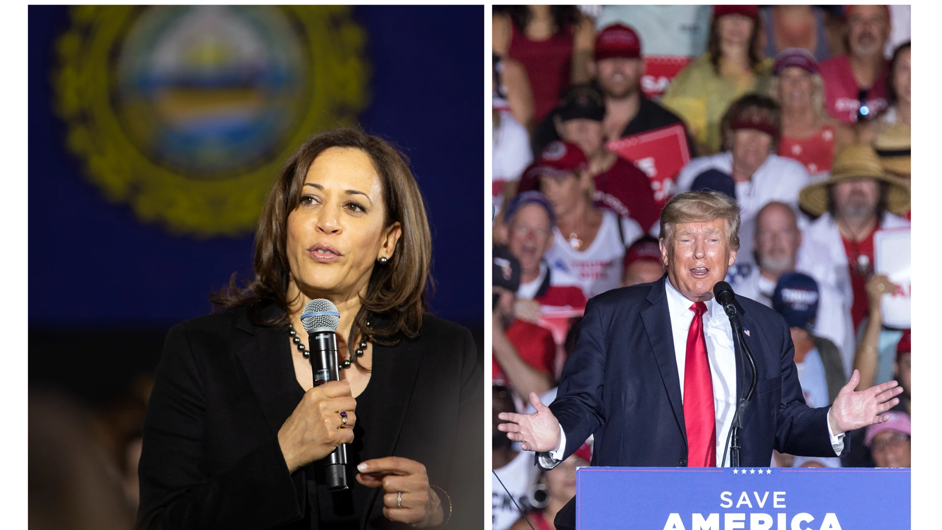 AME9486. WASHINGTON (ESTADOS UNIDOS), 10/08/2024.- Combo de fotografías de archivo que muestra a la vicepresidenta de EE.UU. Kamala Harris (i) y al expresidente Donald Trump. La vicepresidenta de EE.UU. y candidata demócrata a la presidencia Kamala Harris aventaja al expresidente Donald Trump en los estados clave de Michigan, Wisconsin y Pensilviania, según una encuesta publicada este sábado por el diario The New York Times. EFE/ARCHIVO