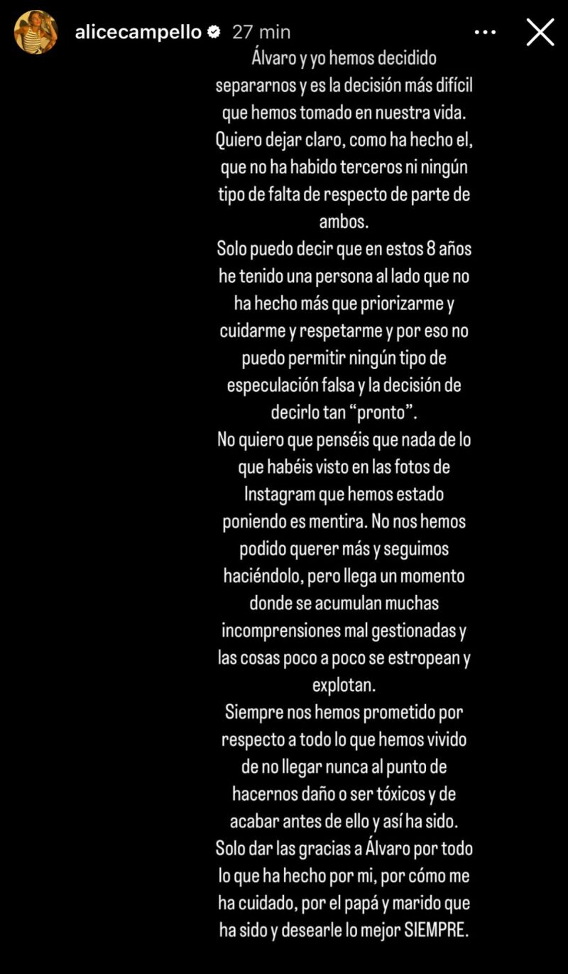 Comunicado de Alice Campello confirmando su ruptura con Álvaro Morata