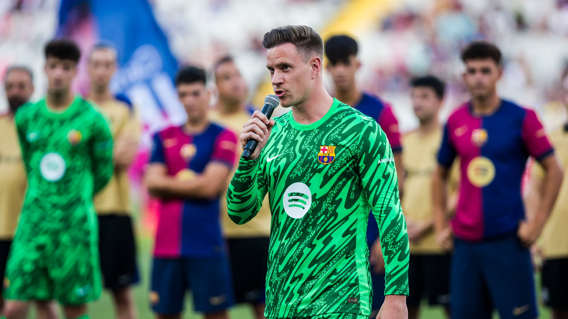 Marc-Andre Ter Stegen of FC Barcelona attends during the presentation team during the Trofeo Joan Gamper, match played between FC Barcelona and AS Monaco at Estadio Olimpico de Montjuic on August 12, 2024 in Barcelona, Spain. AFP7 12/08/2024 ONLY FOR USE IN SPAIN