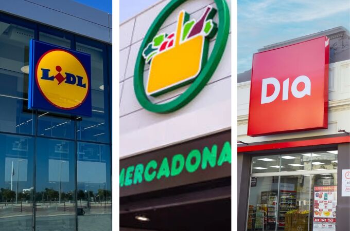 Fachada de tres de los grandes supermercados en España: Lidl, Mercadona y DIA Fachada de tres de los grandes supermercados en España: Lidl, Mercadona y DIA
