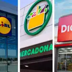 Fachada de tres de los grandes supermercados en España: Lidl, Mercadona y DIA