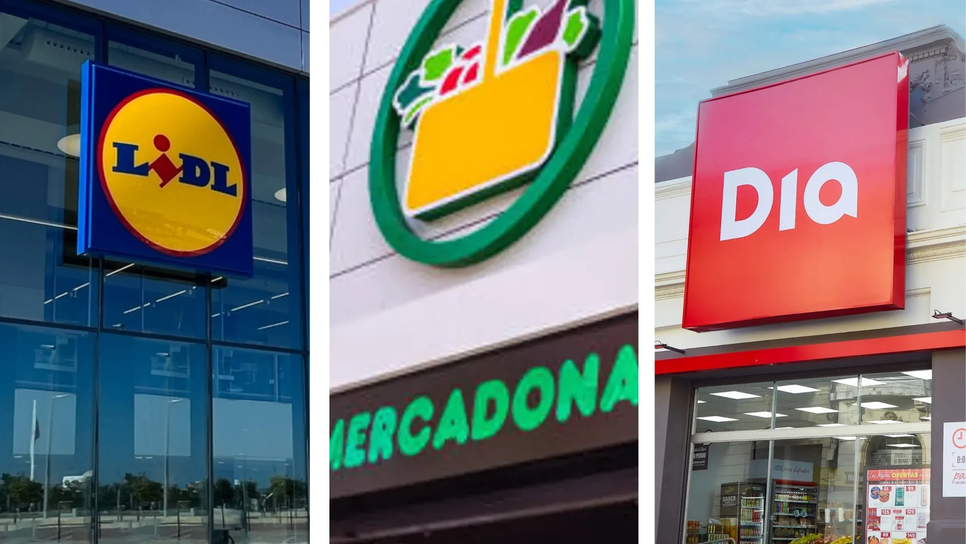 Fachada de tres de los grandes supermercados en España: Lidl, Mercadona y DIA