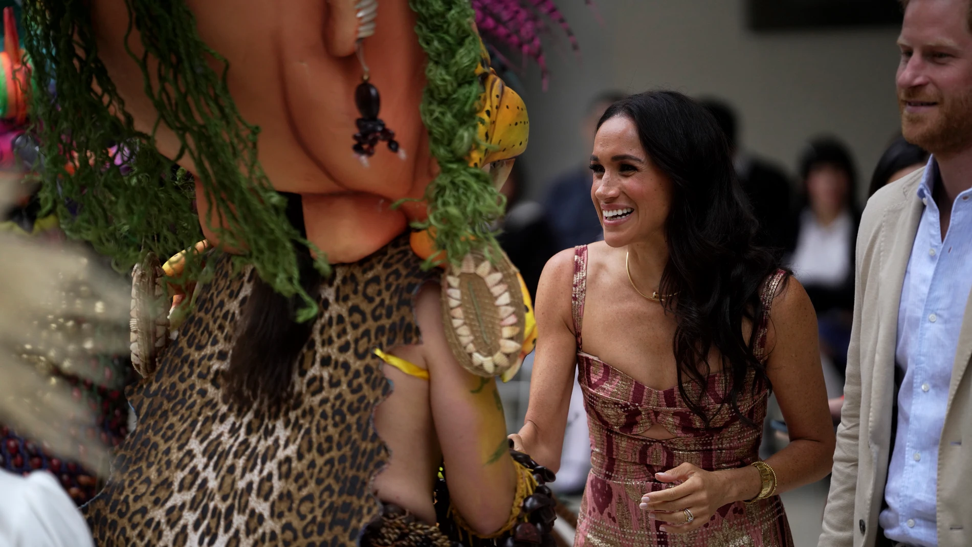 Prince Harry and Meghan attend a welcoming ceremony at the Delia Zapata National Arts Center in Bogota, Colombia, Thursday, Aug. 15, 2024. (AP Photo/Ivan Valencia)