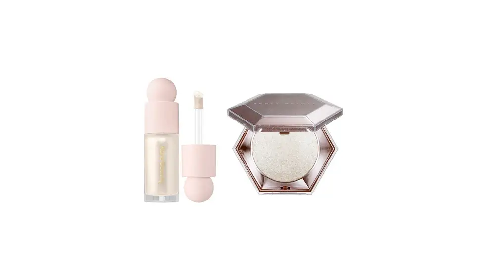 Iluminador líquido de Rare Beauty y en polvo de Fenty Beauty.