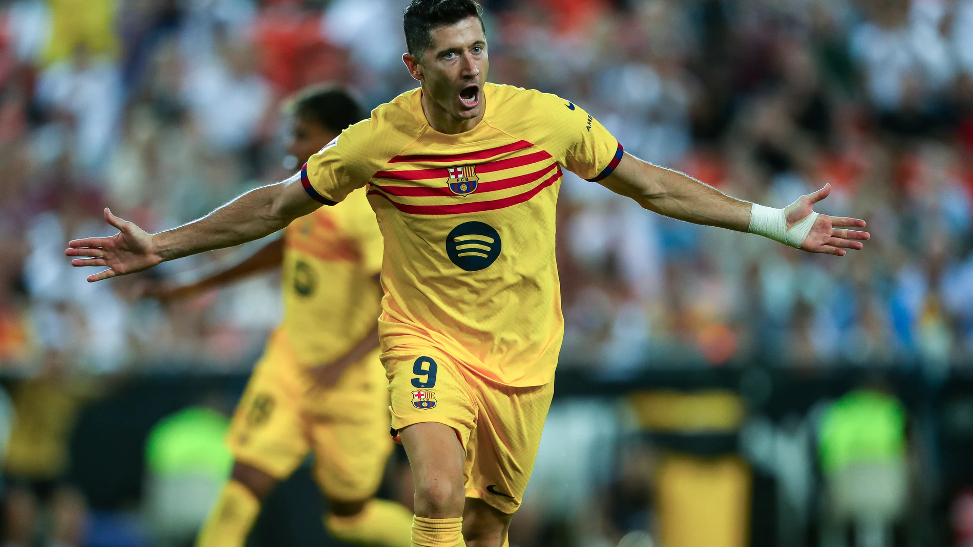 Robert Lewandowski of FC Barcelona celebrates a goal during the Spanish league, La Liga EA Sports, football match played between Valencia CF and FC Barcelona at Mestalla stadium on August 17, 2024, in Valencia, Spain. AFP7 17/08/2024 ONLY FOR USE IN SPAIN